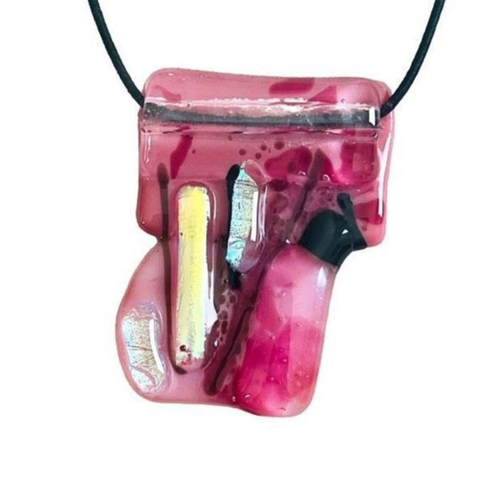 NEW Artist Made Pink Mixed Media Fused Glass Statement Necklace on Stretch Cord - Picture 3 of 8